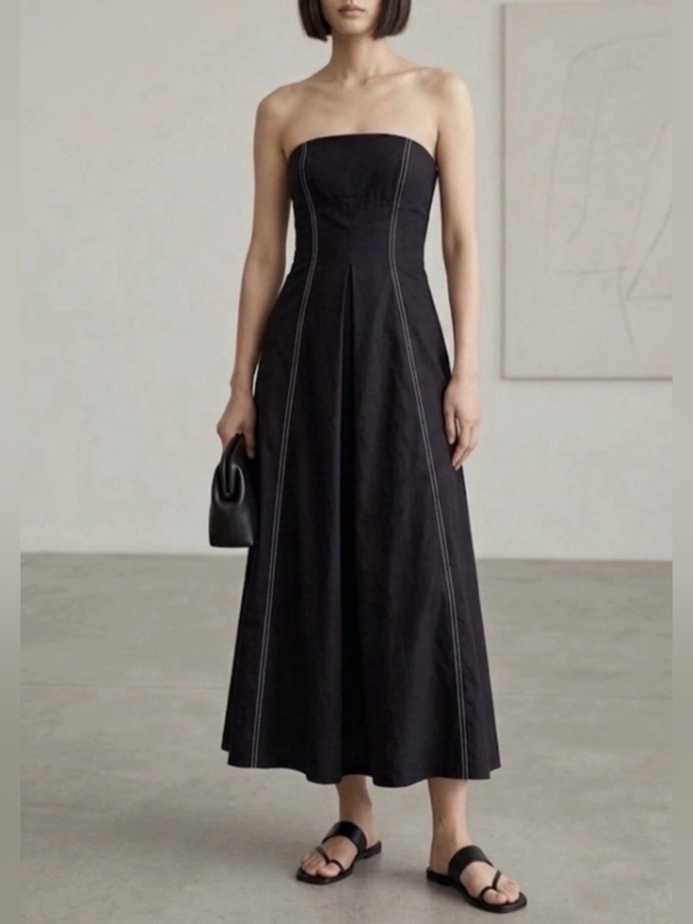 Mon Renn Winslow Black Strapless Linen Midi Dress Size S